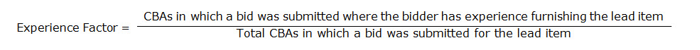 Experience factor is equal to CBAs in 
which a bid was submitted where the bidder has experience furnishing the lead 
item, divided by the total CBAs in which a bid was submitted for the lead item